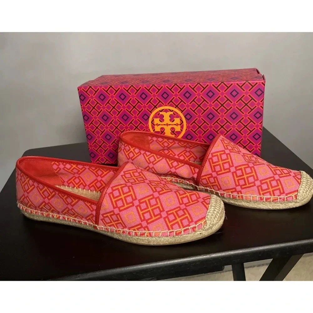 tory burch shoes espadrille Logo Pink Red Volcano Size 10.5 New With Box Flats